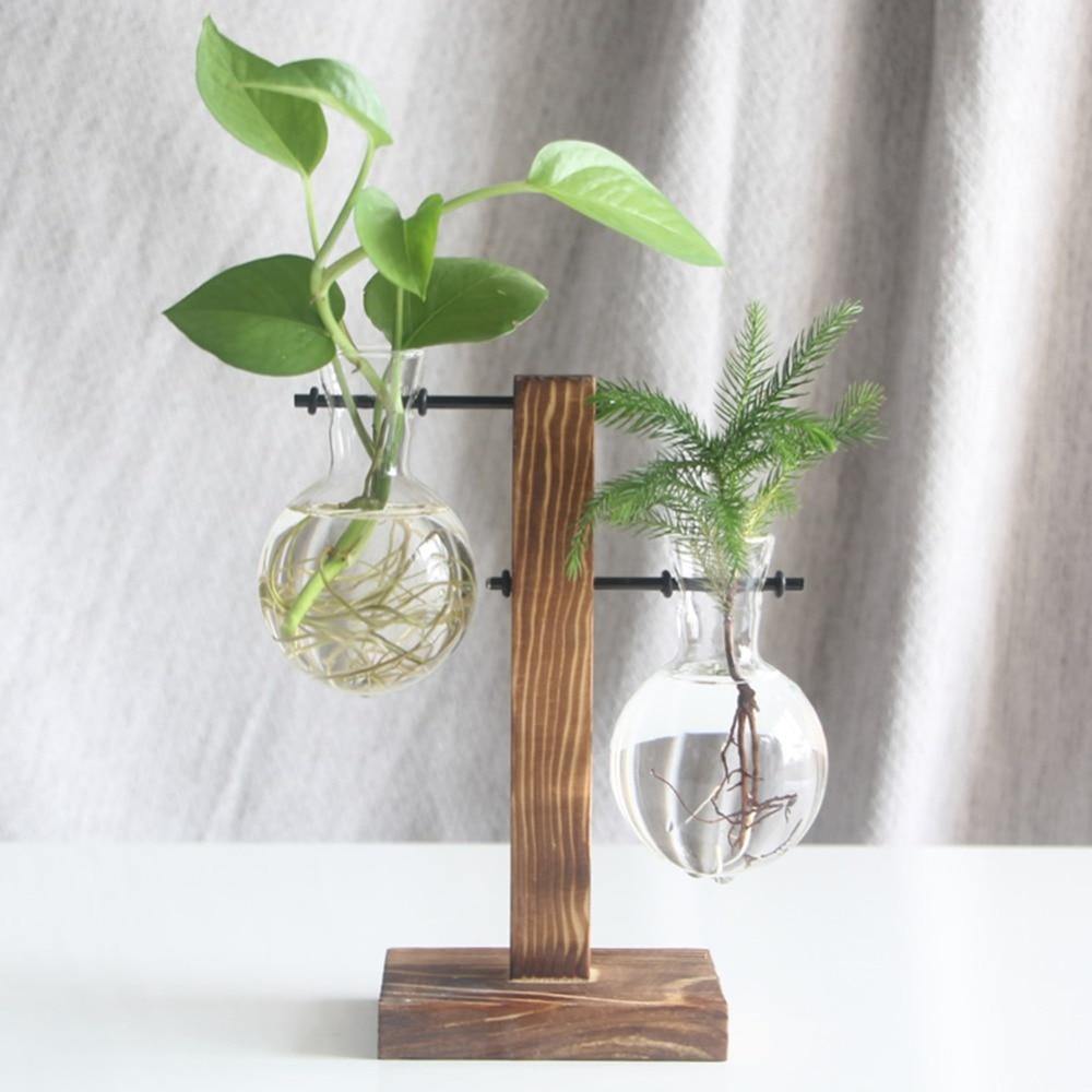 Vase de propagation en verre avec support vertical en bois