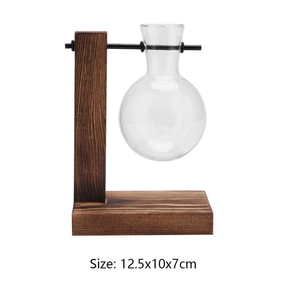 Vase de propagation en verre avec support vertical en bois