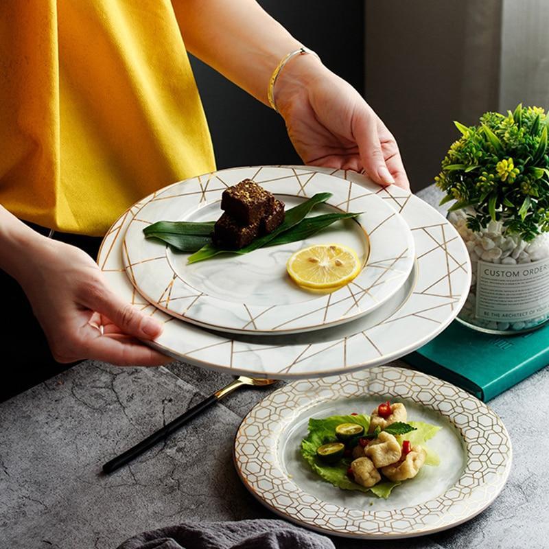 Gold Striped Marble Ceramic Plate Set