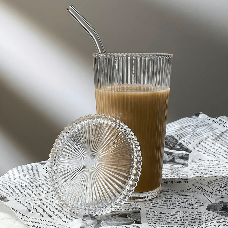 Ridged Glass Cup with Straw