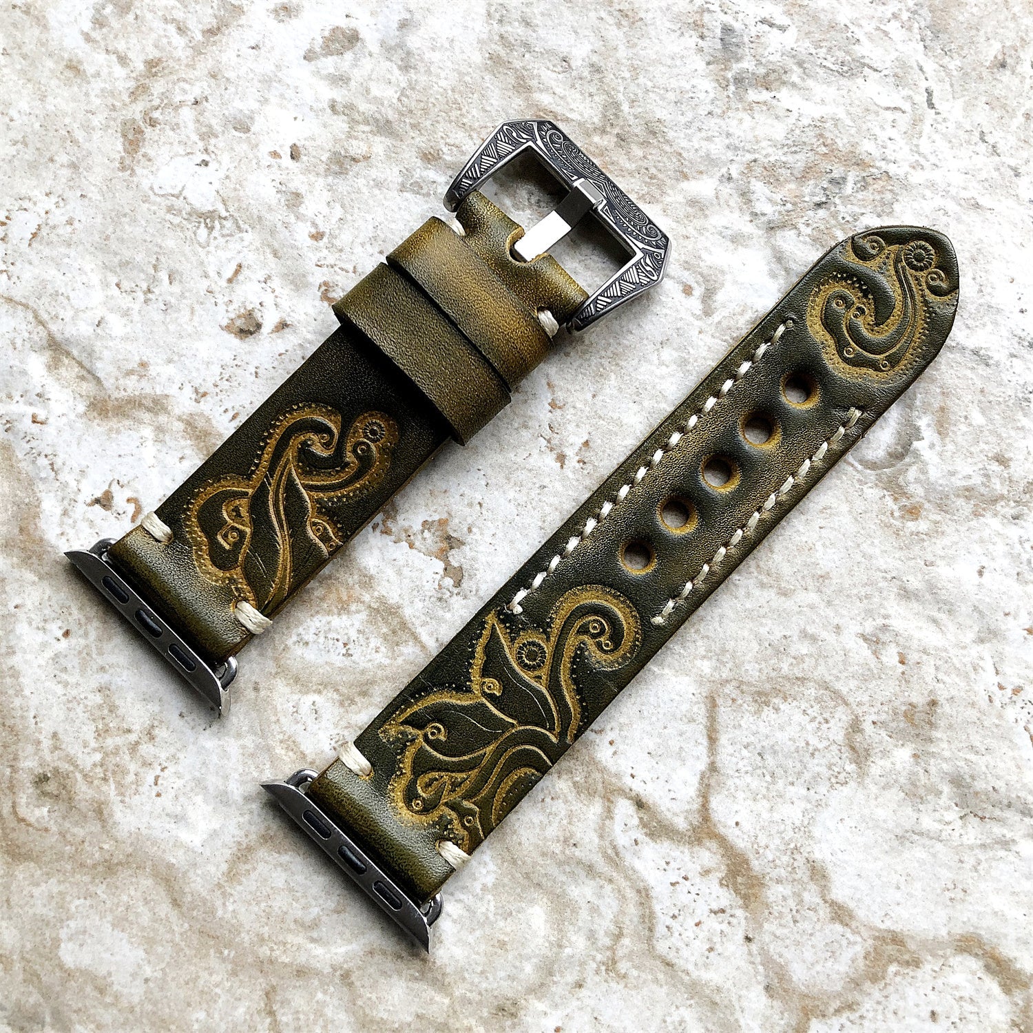 Hand-engraved embossed leather strap for apple watch