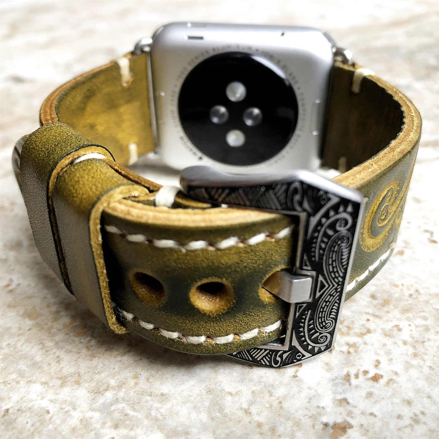 Hand-engraved embossed leather strap for apple watch