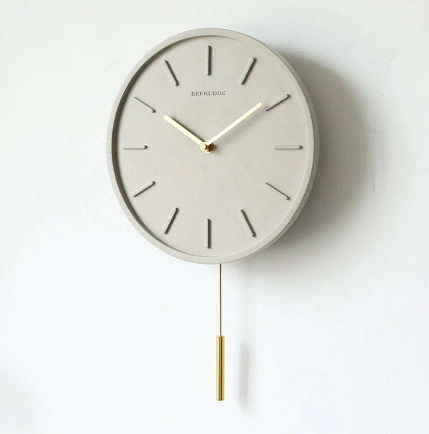 Nordic Cement Wall Clock with Metal Pendulum - Scandinavian Cement Wall Clock with Metal Pendulum