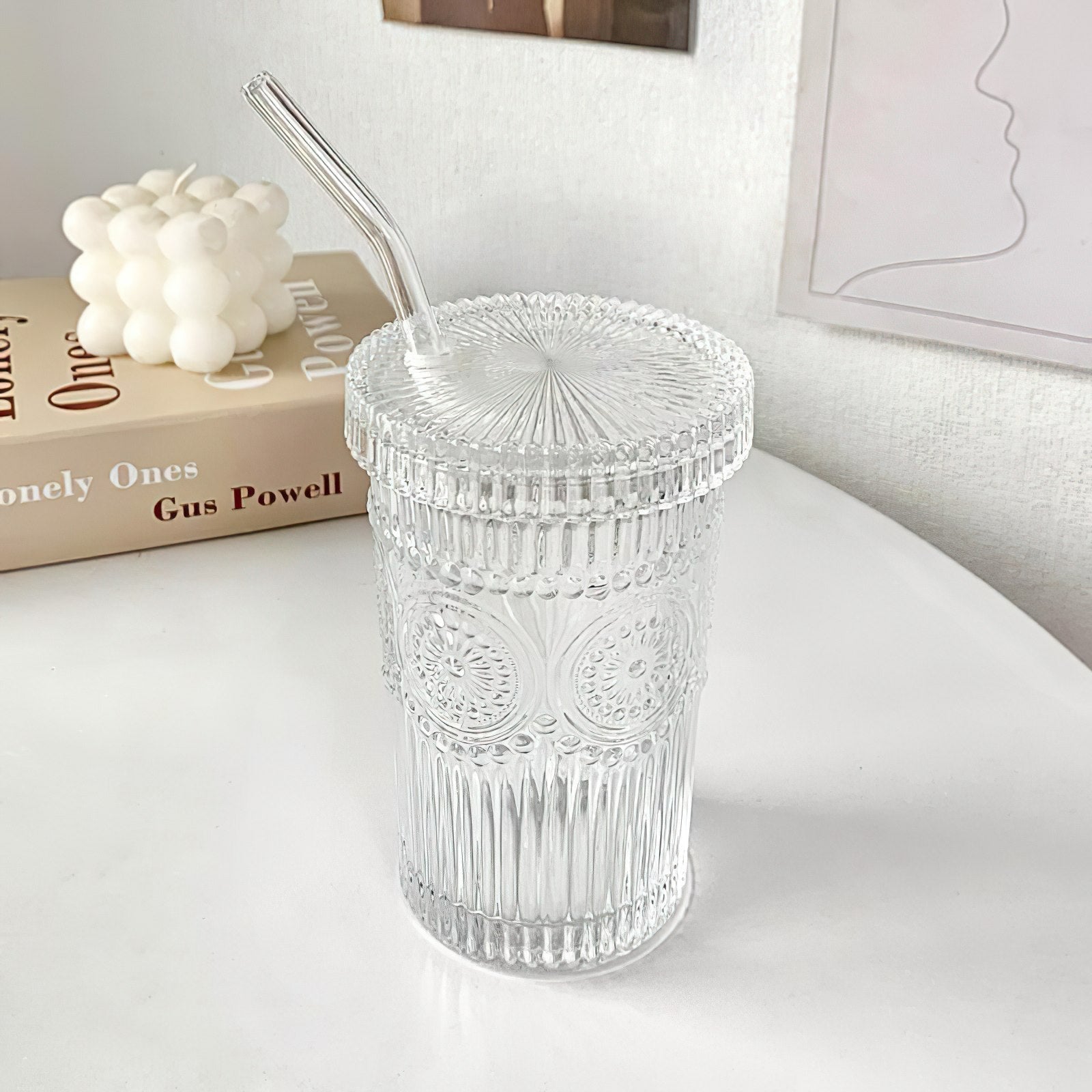 Gobelet en verre strié avec paille Motif tournesol