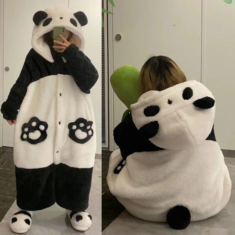 Kawaii Cartoon Panda Plush Hooded Pajamas Set