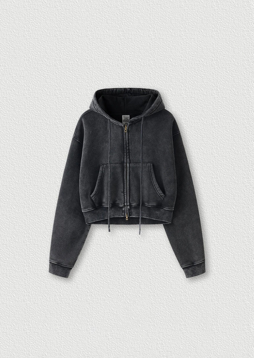 Gewaschenes Vintage Cropped Zip Hoodie