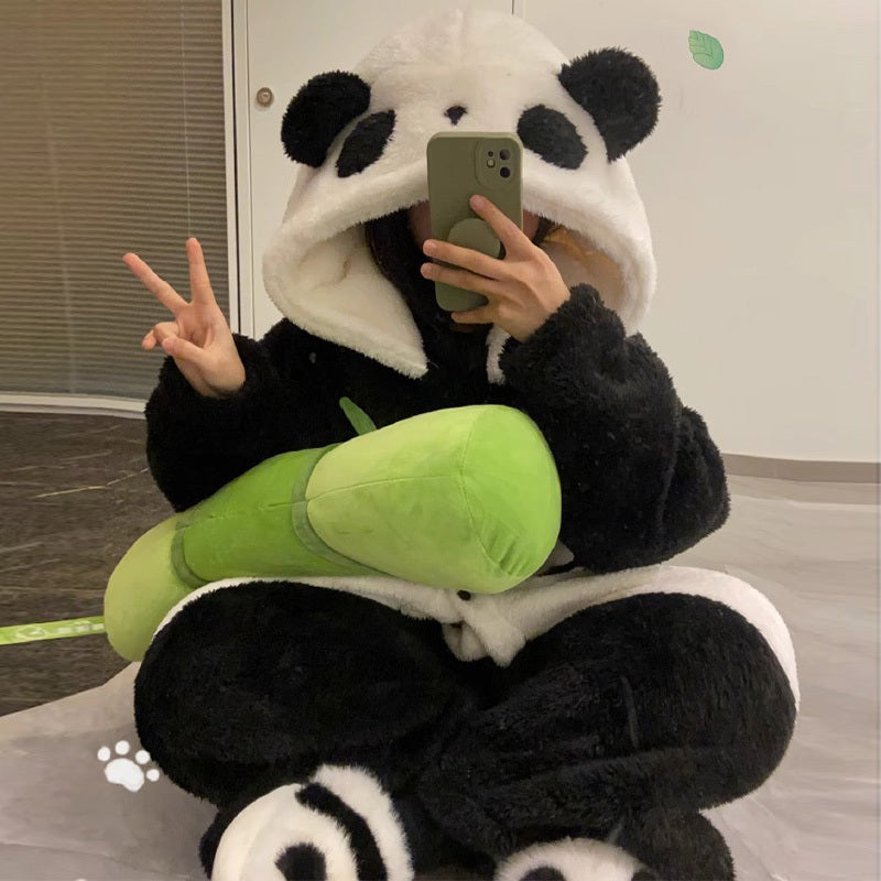 Kawaii Cartoon Panda Plysch Hood Pyjamas Set